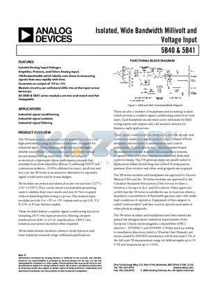 5B41 datasheet - Isolated, Wide Bandwidth Millivolt and Voltage Input