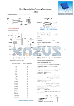 3296X datasheet - 109.5 Square/Multiturn/Trimming Potentiometer