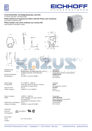 F044-206 datasheet - Funk-Entstorfilter mit Kaltgertestecker nach IEC mit Sicherungshalter und Netzschalter