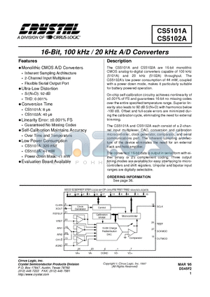 CS5102A-BL datasheet - 16-Bit, 100kHz/ 20kHz A/D Converters