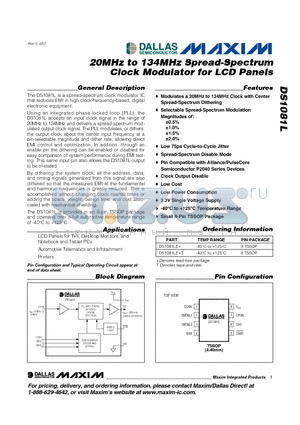 DS1081L datasheet - 20MHz to 134MHz Spread-Spectrum Clock Modulator for LCD Panels