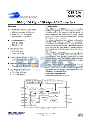 CS5102A-JLZ datasheet - 16-bit, 100 kSps / 20 kSps A/D Converters
