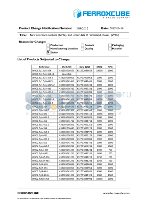 F04_2012 datasheet - New reference numbers (12NC) and order data of Wideband chokes (WBC)