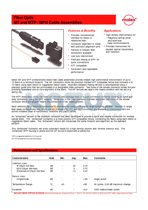 86780-0010 datasheet - Fiber Optic MT and MTP / MPO Cable Assemblies
