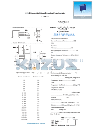 3296Y104 datasheet - 109.5 Square/Multiturn/Trimming Potentiometer