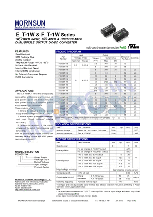 F0505T-1W datasheet - DUAL/SINGLE OUTPUT DC-DC CONVERTER