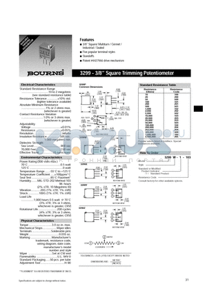 3299W-1-100 datasheet - 3/8 Square Trimming Potentiometer