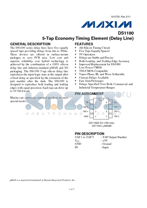 DS1100 datasheet - 5-Tap Economy Timing Element (Delay Line) All-Silicon Timing Circuit