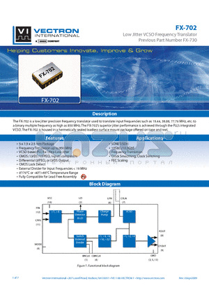 FX-702-ECT-HLM datasheet - Low Jitter VCSO Frequency Translator