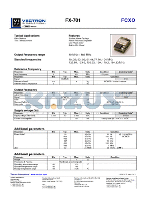 FX-701 datasheet - Surface Mount Package Reflow Process Compatible Low Phase Noise Build in PLL-Circuit