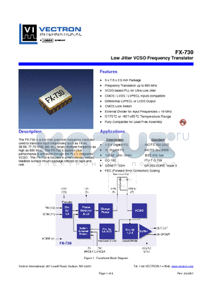 FX-730 datasheet - Low Jitter VCSO Frequency Translator