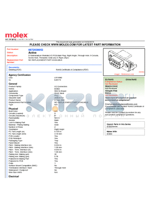 87203-8042 datasheet - D-Subminiature Shielded I/O PCB Male Plug, Right Angle, Through Hole, 9 Circuits, Screw Hole, Threaded, Gold (Au) 0.76lm (30l)