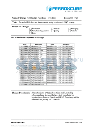 F09_2011 datasheet - vFerroxfoil EMI absorber sheet manufacturing location and 12NC change