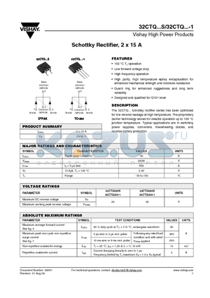 32CTQ025-1TRL datasheet - Schottky Rectifier, 2 x 15 A