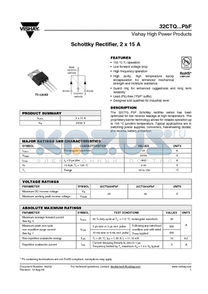 32CTQ025PBF datasheet - Schottky Rectifier, 2 x 15 A