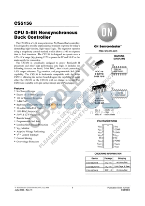 CS5156GN16 datasheet - CPU 5−Bit Nonsynchronous Buck Controller