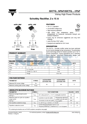 32CTQ025SPBF datasheet - Schottky Rectifier, 2 x 15 A