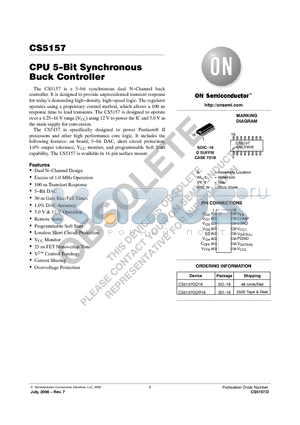 CS5157 datasheet - CPU 5−Bit Synchronous Buck Controller