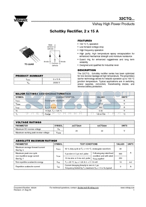 32CTQ030 datasheet - Schottky Rectifier, 2 x 15 A