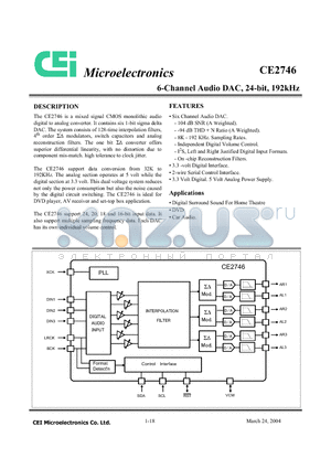 CE2746 datasheet - 6-Channel Audio DAC, 24-bit, 192kHz