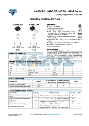32CTQ030-1TRRPBF datasheet - Schottky Rectifier, 2 x 15 A