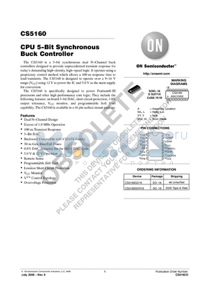 CS5160GD16 datasheet - CPU 5−Bit Synchronous Buck Controller
