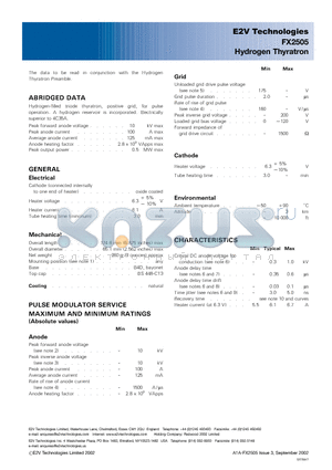 FX2505 datasheet - Hydrogen Thyratron