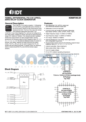 8735AK-21LFT datasheet - 700MHz, DIFFERENTIAL-TO-3.3V LVPECL ZERO DELAY CLOCK GENERATOR