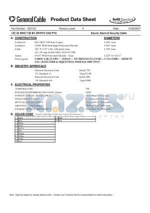 E2012S datasheet - 12C 22 AWG 7/30 BC SR-PVC OAS PVC Sound, Alarm & Security Cable