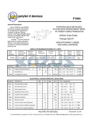 F1063 datasheet - PATENTED GOLD METALIZED SILICON GATE ENHANCEMENT MODE RF POWER VDMOS TRANSISTOR