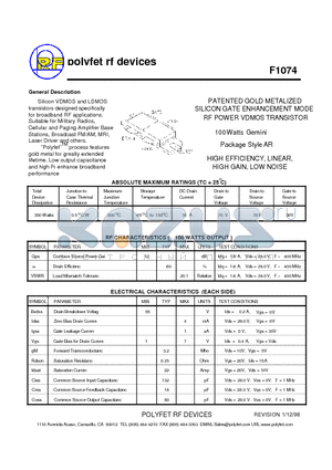 F1074 datasheet - PATENTED GOLD METALIZED SILICON GATE ENHANCEMENT MODE RF POWER VDMOS TRANSISTOR