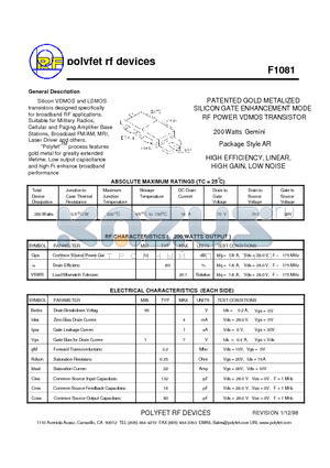 F1081 datasheet - PATENTED GOLD METALIZED SILICON GATE ENHANCEMENT MODE RF POWER VDMOS TRANSISTOR