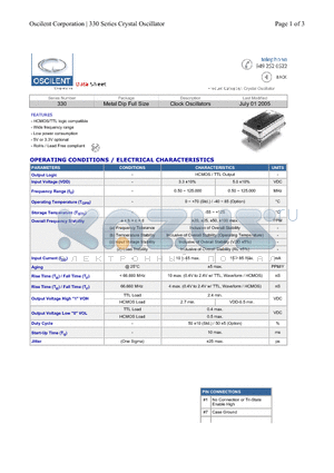 330-2.0M-3DN-TTS datasheet - Metal Dip Full Size Clock Oscillators