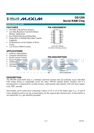 DS1200 datasheet - Serial RAM Chip