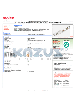 33001-2023 datasheet - MX150 Female Terminal, Select Gold (Au) Plating, 22 AWG, Right Reel PayoffLarge Polarization Rib, Contact Material Thickness 0.30mm (.012