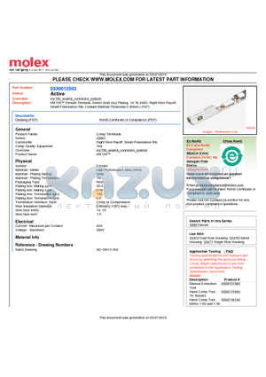 33001-2003 datasheet - MX150 Female Terminal, Select Gold (Au) Plating, 14-16 AWG, Right Reel PayoffSmall Polarization Rib, Contact Material Thickness 0.30mm (.012