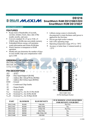 DS1216 datasheet - SmartWatch RAM DS1216B/C/D/H SmartWatch ROM DS1216E/F