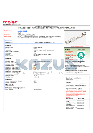 33001-3004 datasheet - MX150 Female Terminal, Select Gold (Au) Plating, 18-20 AWG, Left Reel Payoff,Small Polarization Rib, Contact Material Thickness 0.30mm (.012