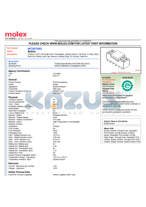 87381-3063 datasheet - 2.00mm (.079) Pitch Milli-Grid Receptacle, Surface Mount, Top Entry, 0.76lm (30l) Gold (Au) Plating, with Cap, without Locating Pegs, 30 Circuits, Lead-free