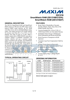 DS1216 datasheet - SmartWatch RAM (DS1216B/C/D/H); SmartWatch ROM (DS1216E/F)