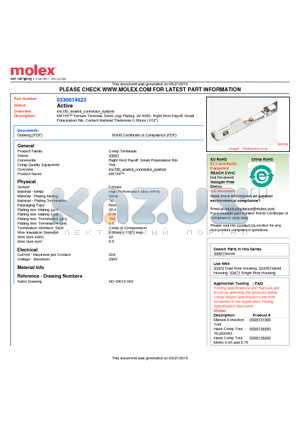 33001-4023 datasheet - MX150 Female Terminal, Silver (Ag) Plating, 22 AWG, Right Reel Payoff, SmallPolarization Rib, Contact Material Thickness 0.30mm (.012