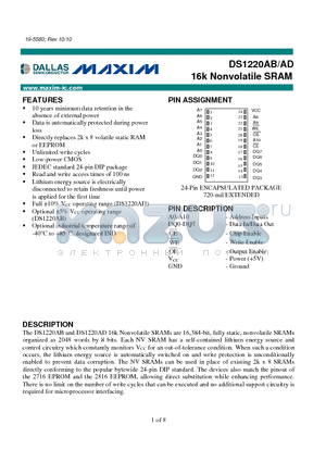 DS1220AB datasheet - 16k Nonvolatile SRAM