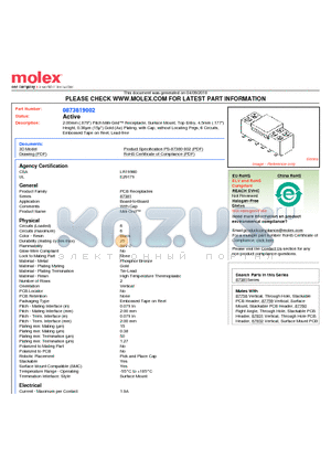 87381-9002 datasheet - 2.00mm (.079) Pitch Milli-Grid Receptacle, Surface Mount, Top Entry, 4.5mm (.177) Height, 0.38lm (15l) Gold (Au) Plating, with Cap, without Locating Pegs, 6 Circuits