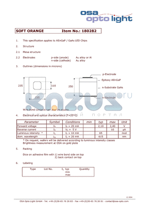 180282 datasheet - AlInGaP / GaAs LED Chips