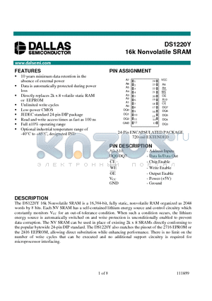 DS1220Y-150 datasheet - 16k Nonvolatile SRAM