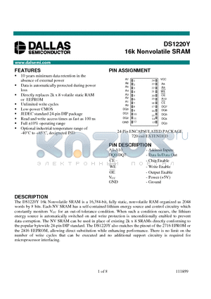 DS1220Y-120 datasheet - 16k Nonvolatile SRAM