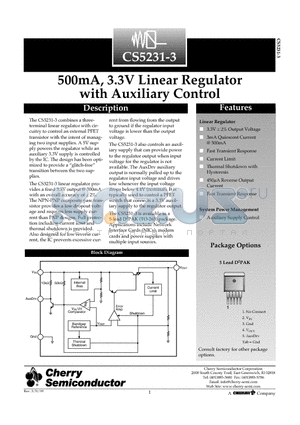 CS5231-3 datasheet - 500mA, 3.3V Linear Regulator with Auxiliary Control