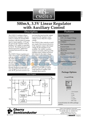 CS5231-3GDPR5 datasheet - 500mA, 3.3V Linear Regulator with Auxiliary Control