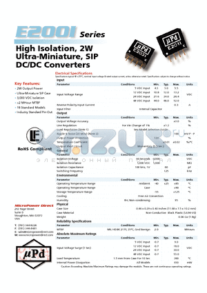 E201I datasheet - High Isolation, 2W Ultra-Miniature, SIP DC/DC Converters