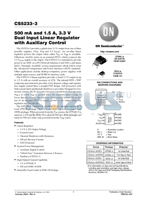 CS5233-3GDPR5 datasheet - 500 mA and 1.5 A, 3.3 V Dual Input Linear Regulator with Auxiliary Control